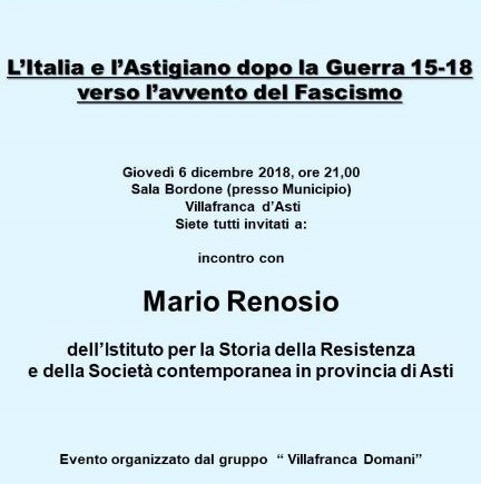 Incontro con Mario Renosio sul tema  "L'Italia e l'Astigiano dopo la Guerra 15-18 verso l'avvento del Fascismo"
